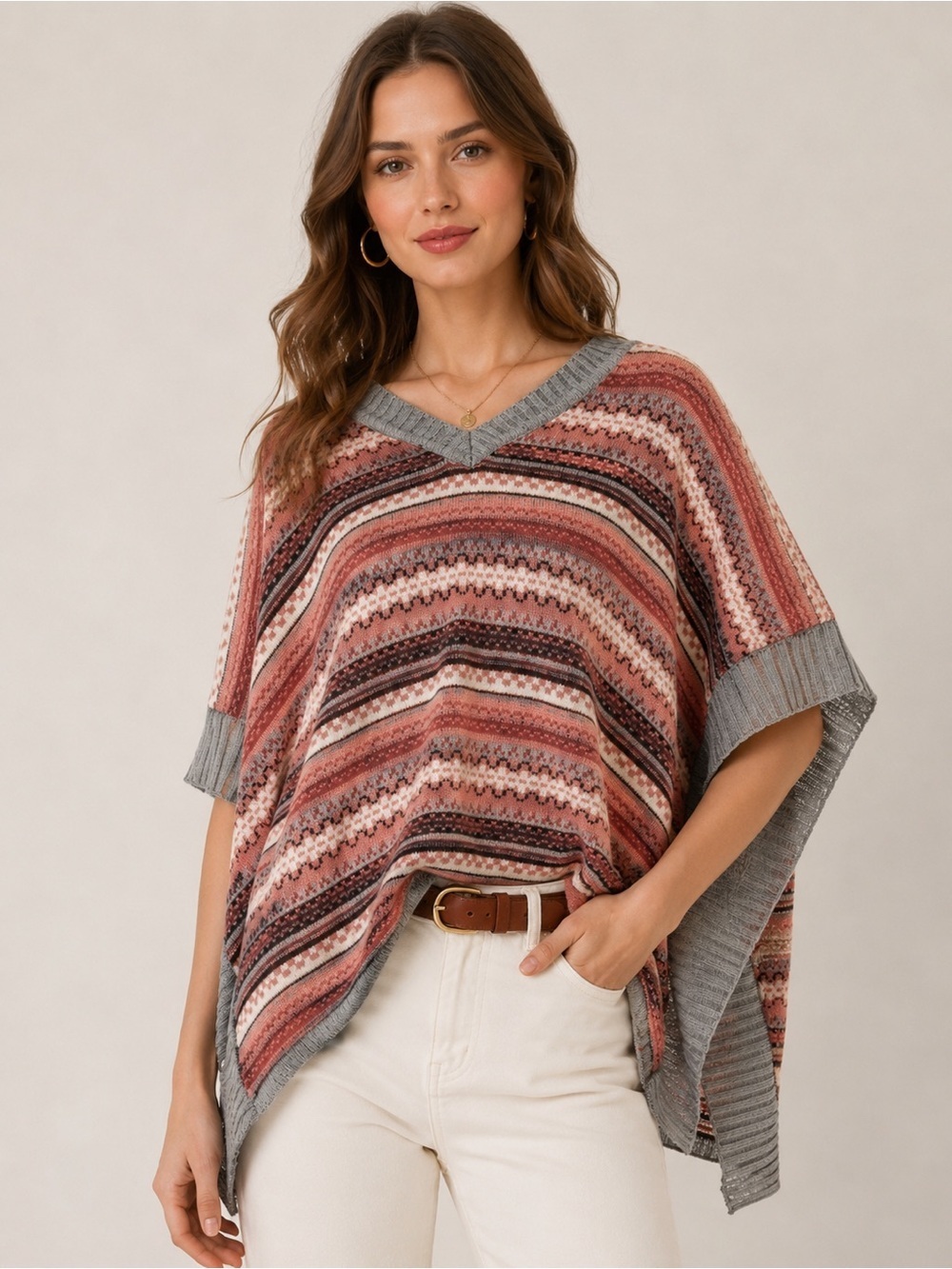 Freshman Fair Isle Boho Lightweight Poncho V neck Sweater Size XS